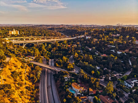 Aerial view of Pasadena cityscape against sky during sunset